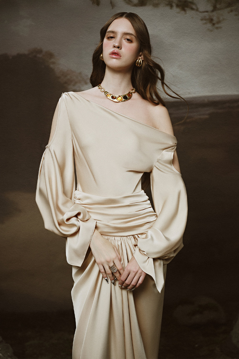 Chroma Sarong Asymmetric Neck Satin Floor Length Dress