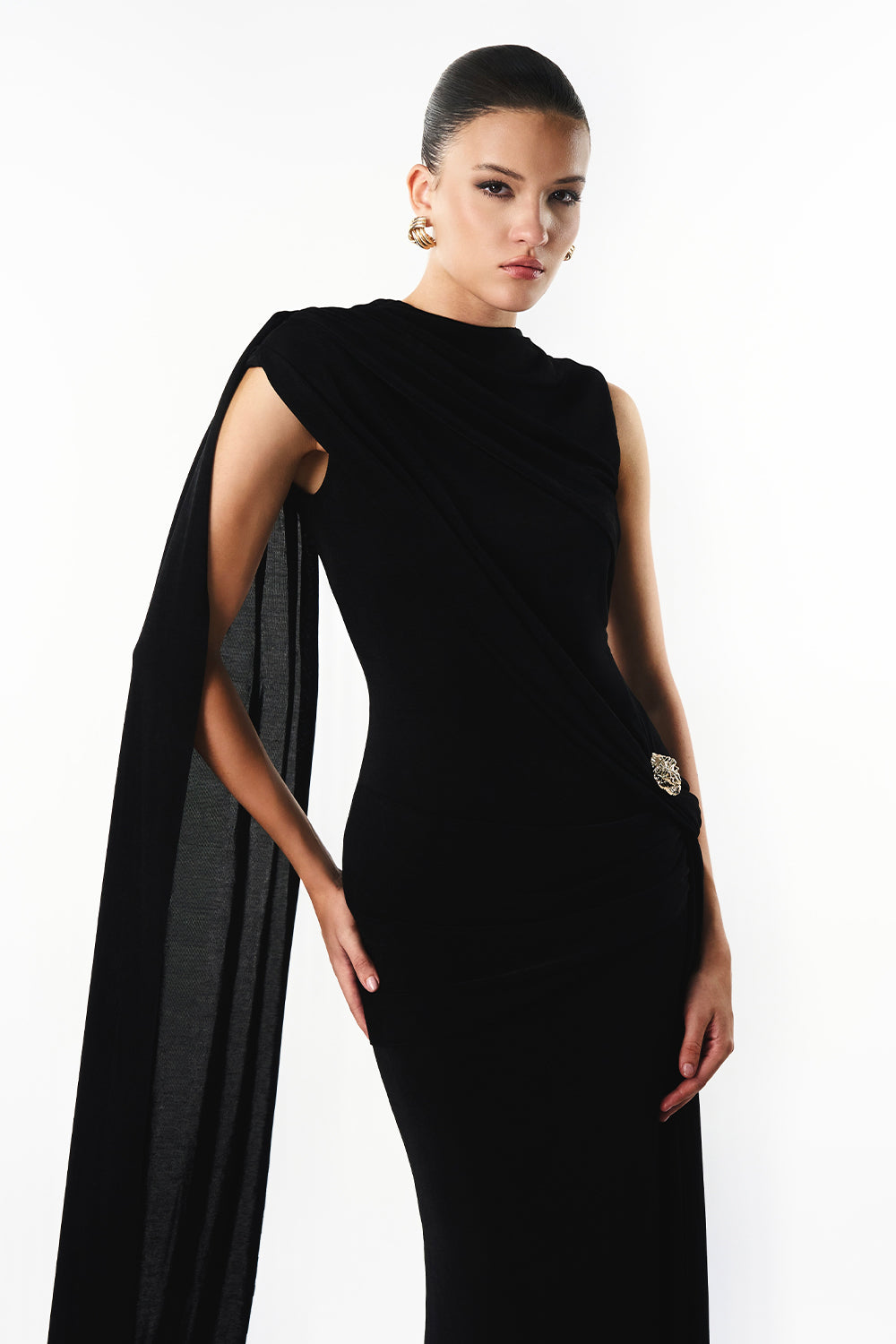 Onyra Asymmetric Sleeve Metal Maxi Dress