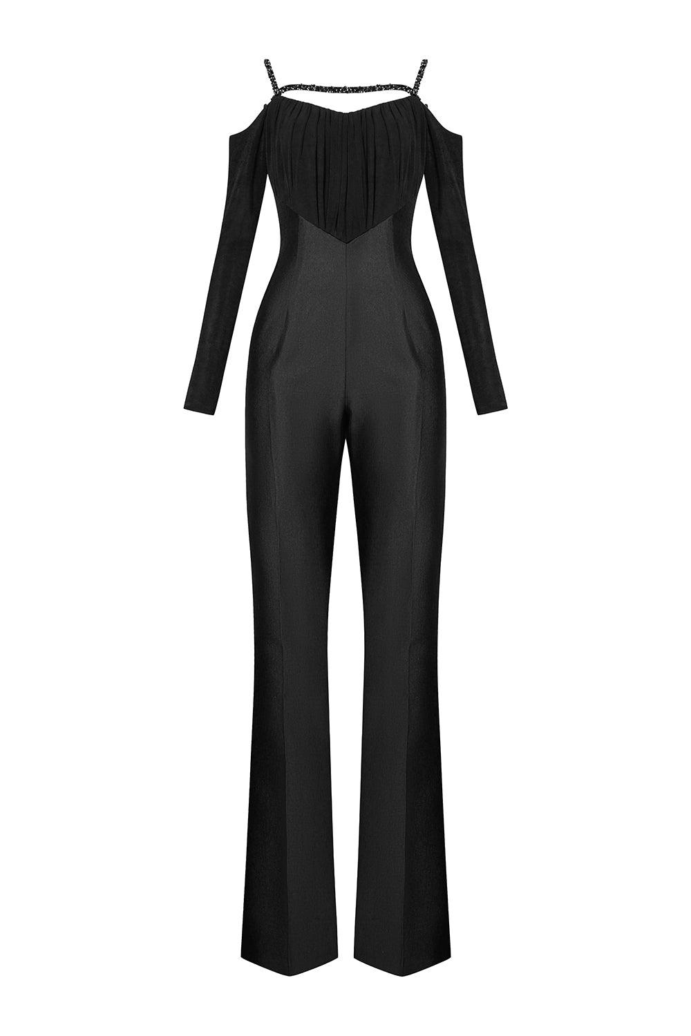 Astral Straight Cold Shoulder Sleeved Spandex Taffeta Floor Length Jumpsuit