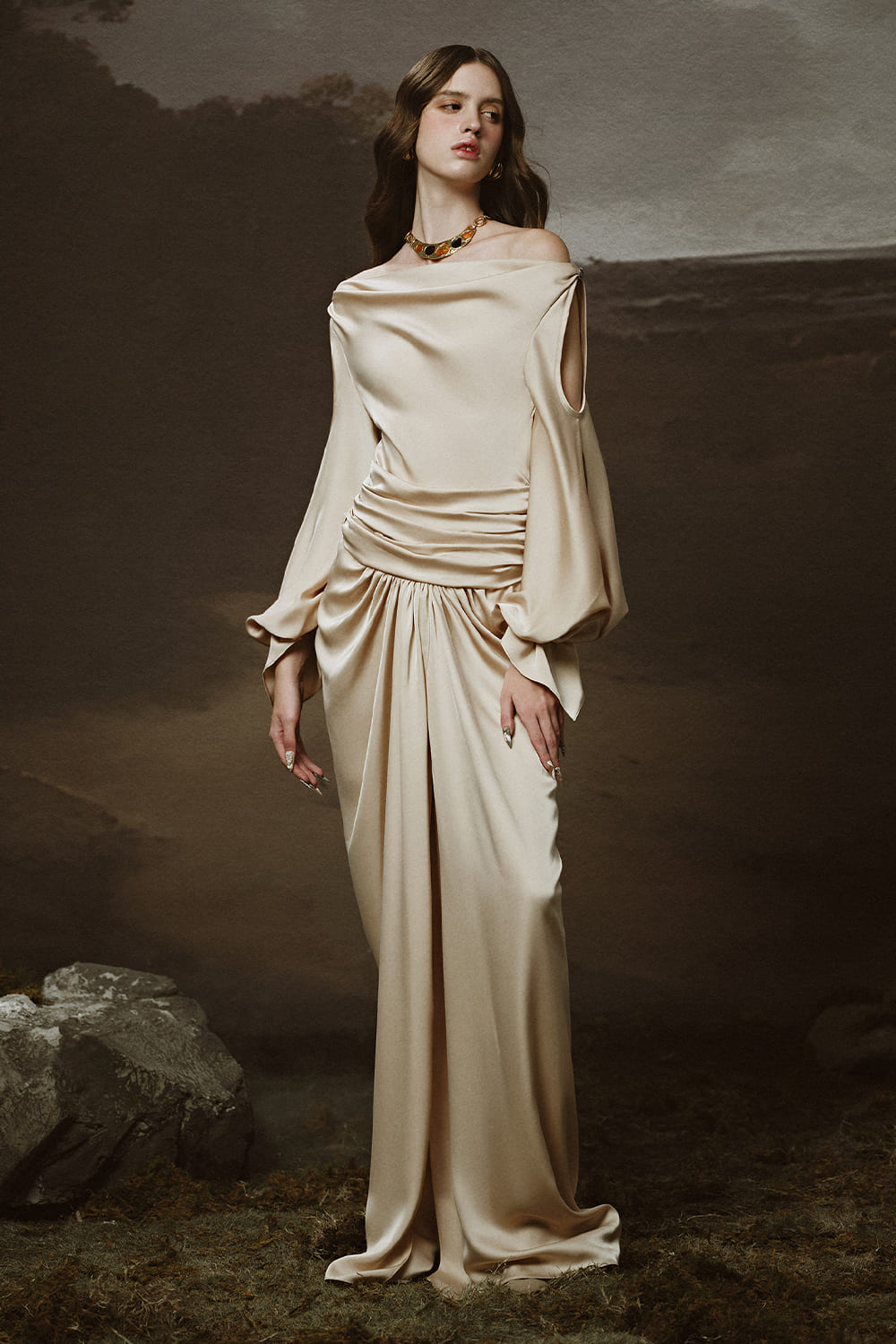 Chroma Sarong Asymmetric Neck Satin Floor Length Dress