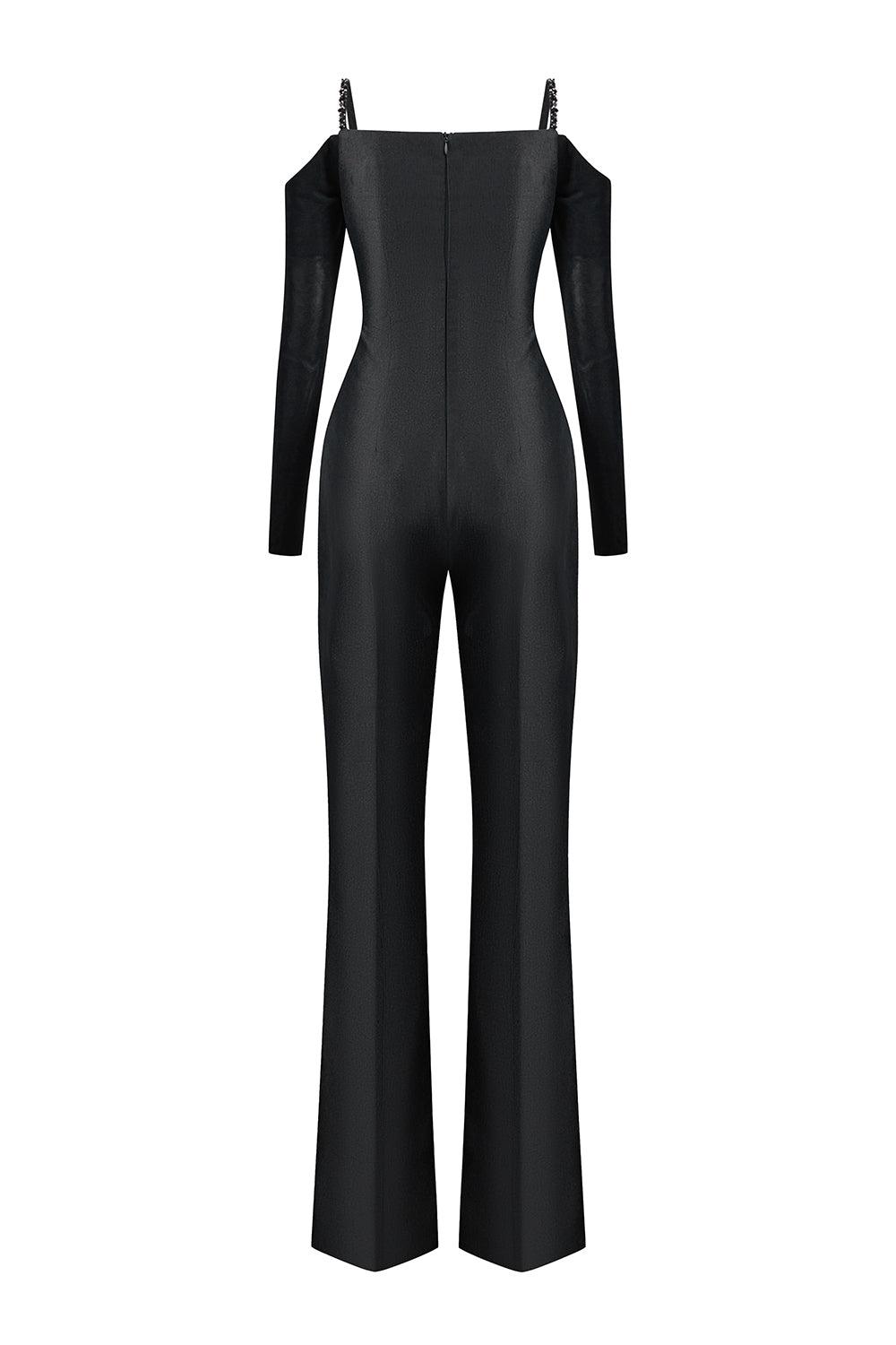 Astral Straight Cold Shoulder Sleeved Spandex Taffeta Floor Length Jumpsuit
