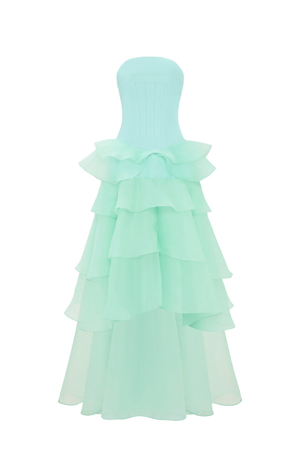 Cascade Straight Across Ruffle Maxi Dress