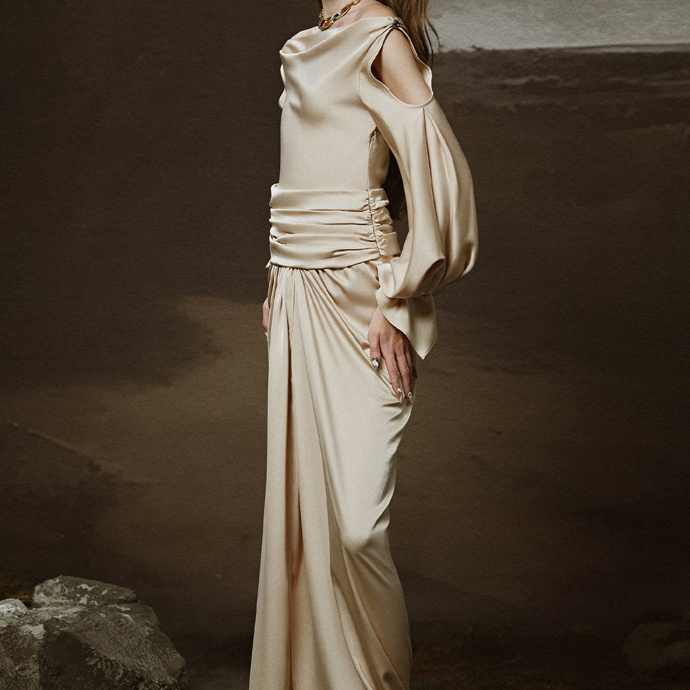 Chroma Sarong Asymmetric Neck Satin Floor Length Dress