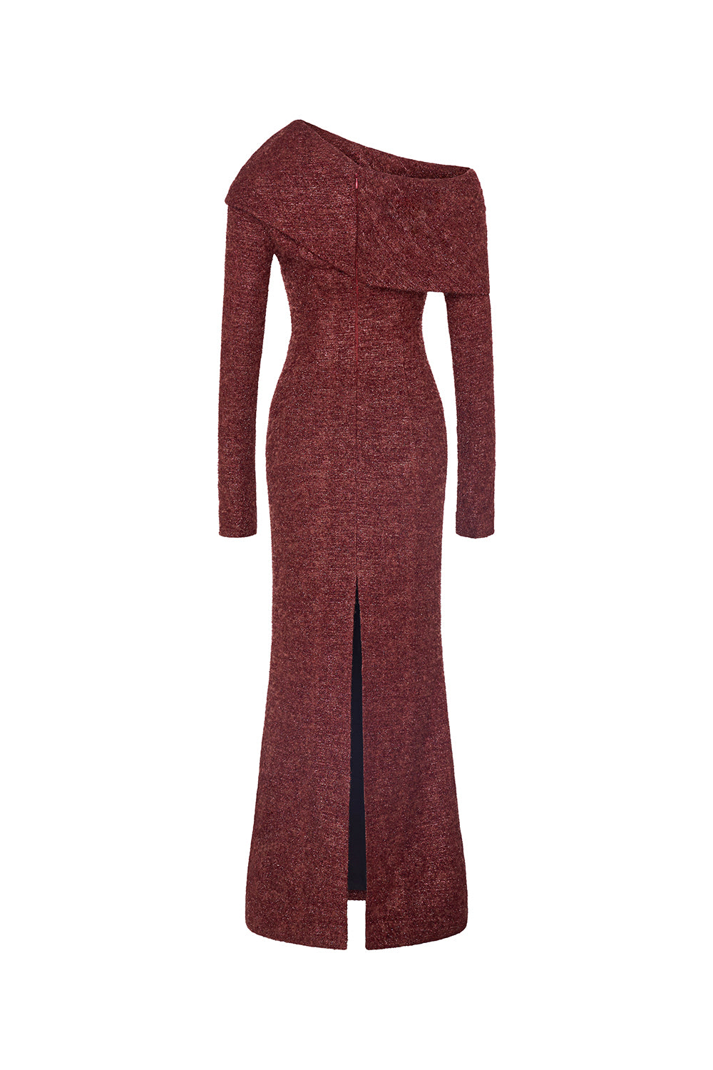 Women's Wilcoxie Trumpet Asymmetric Neck Tweed Maxi Dress S/M/L/Customize Burgundy MEAN BLVD Burgundy / Customize Women's Wilcoxie Trumpet Asymmetric Neck Tweed Maxi Dress S/M/L/Customize Burgundy MEAN BLVD Burgundy / Customize