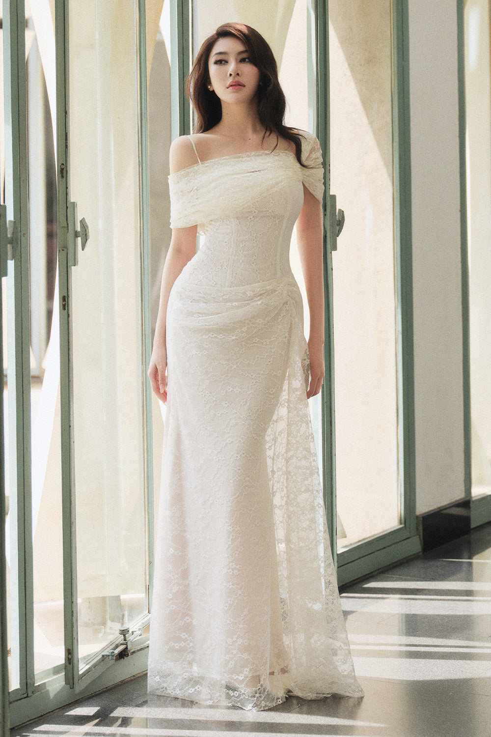 off one shoulder maxi dress Daria Cream White / S Sleek chiffon with a Color:CRIMSON These 8 Shoes Go aruba