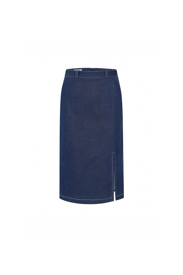 Elara Straight Side Slit Denim Knee-length Skirt