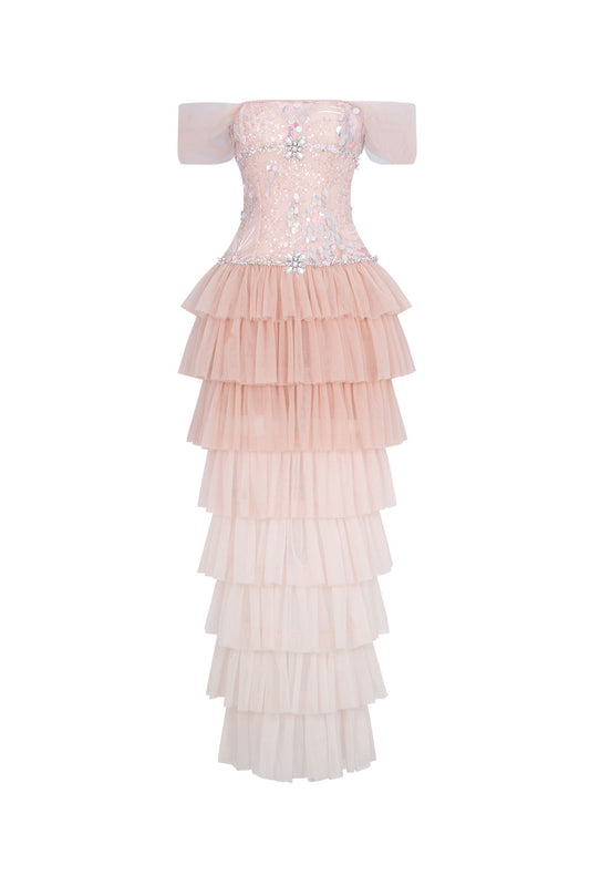 Mirabelle Layered Off-Shoulder Tulle Ankle Length Dress