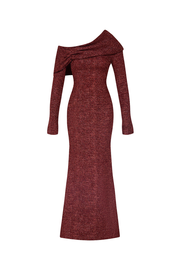 Wilcoxie Trumpet Asymmetric Neck Tweed Maxi Dress