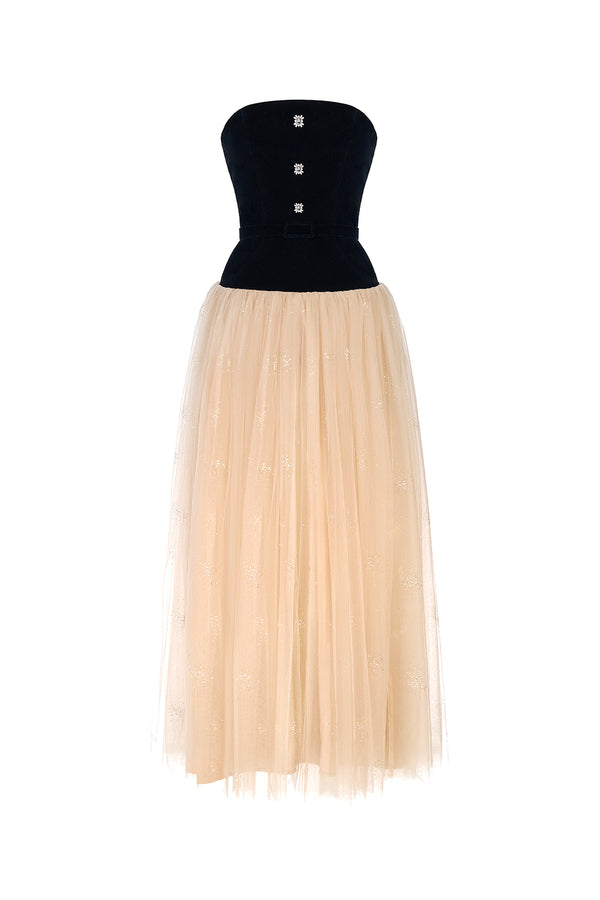 Allure Strapless Gathered Tulle Ankle Length Dress