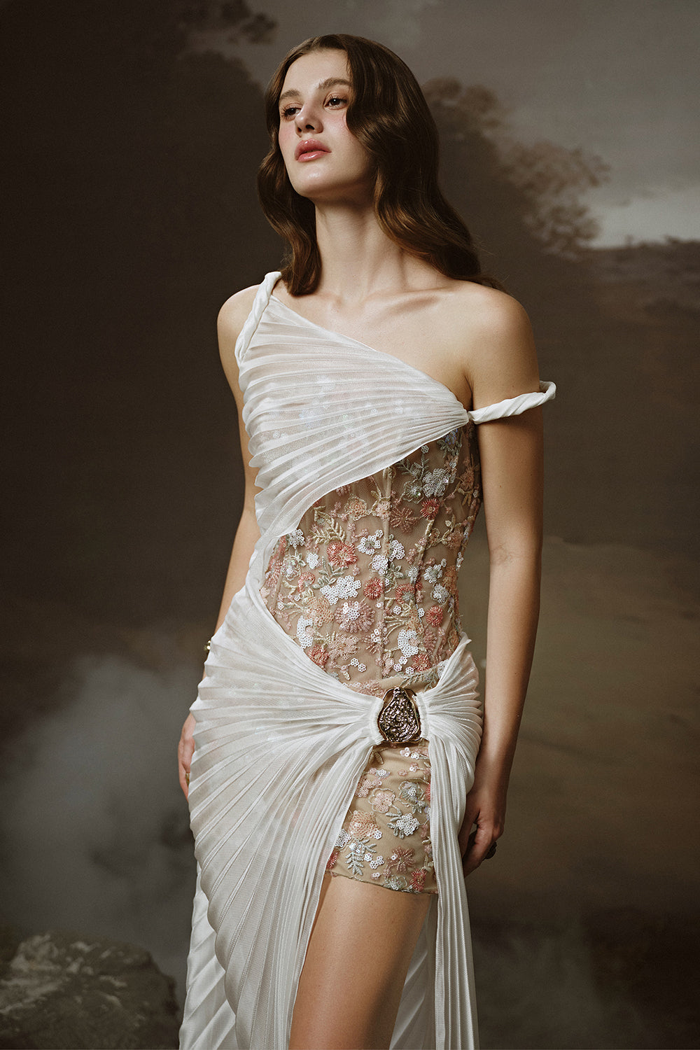 Doria Slit Asymmetric Shoulder Chiffon Floor Length Dress