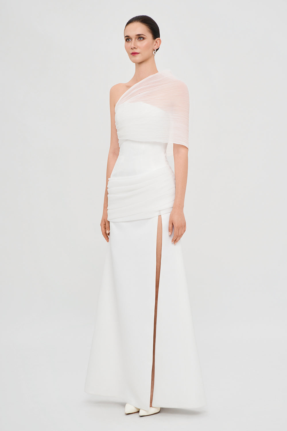 Women's Ethereal Grace Asymmetric Sleeve Draped Maxi Dress XS/S/M/L/XL/Customize Ivory MEAN BLVD Ivory / M Women's Ethereal Grace Asymmetric Sleeve Draped Maxi Dress XS/S/M/L/XL/Customize Ivory MEAN BLVD Ivory / M