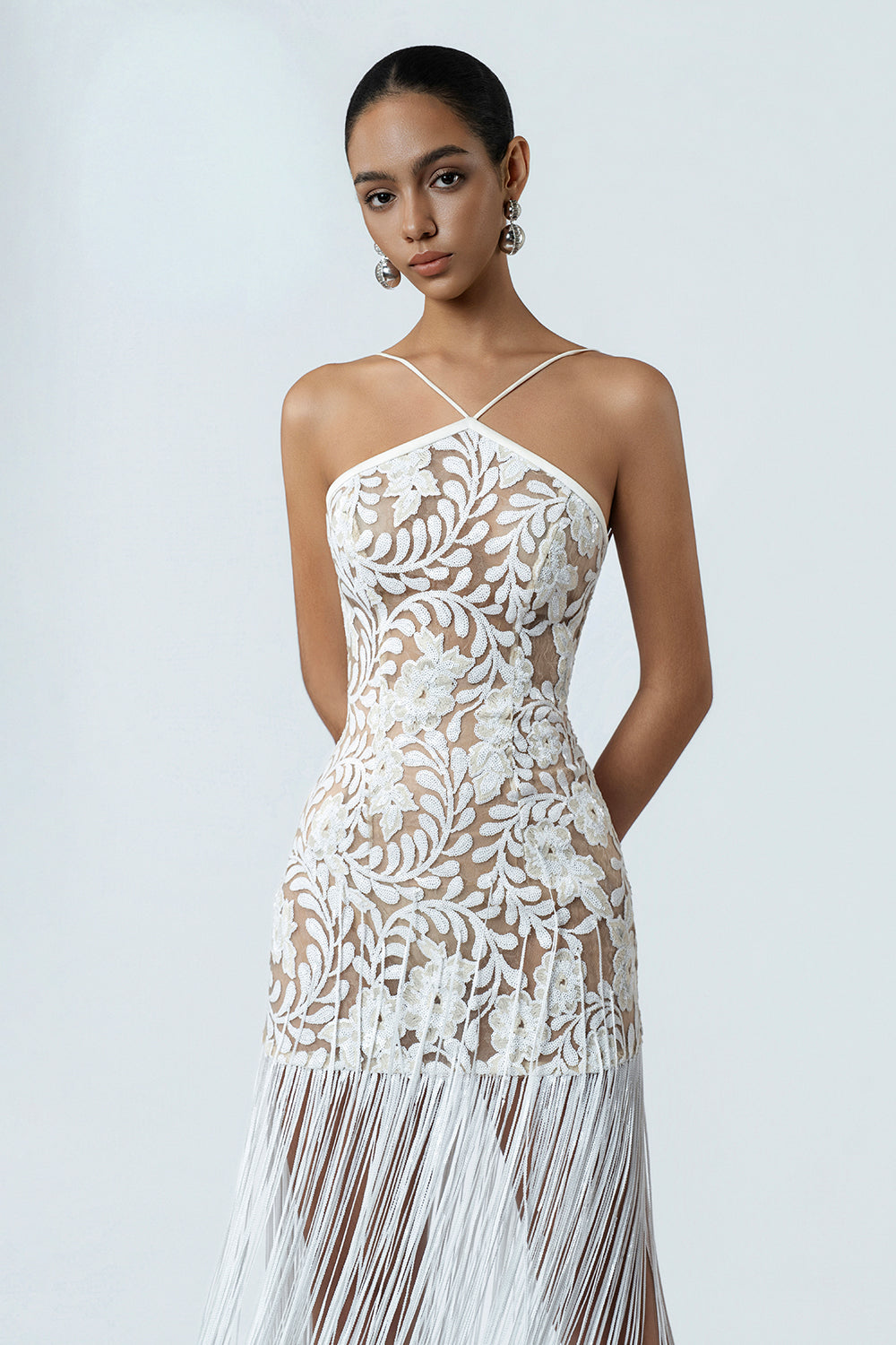 white fringe midi dress BHLDN Arabella Strapless Sequin Fringe Midi Dress