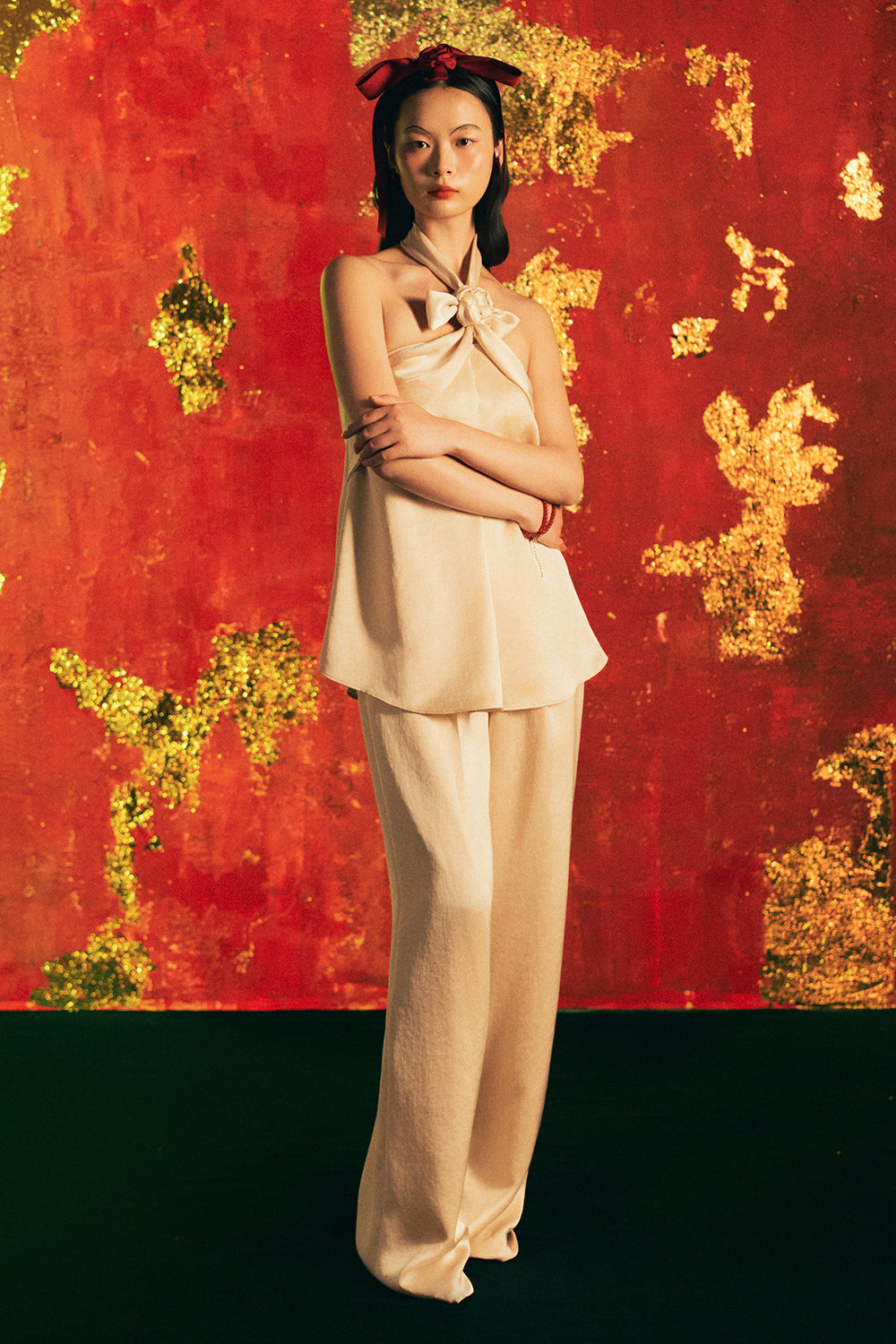 Cat Tuong Halter Neck Synthetic Silk Set