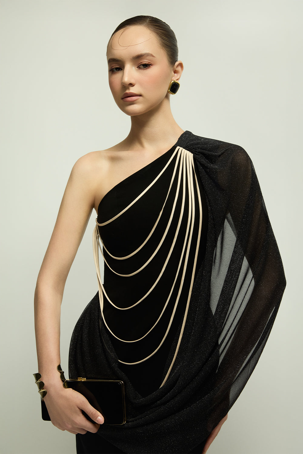 one shoulder chain dress Wholesale MOQ6 Glitter Rhinestone Chain Detail Ruched One-Shoulder Dress