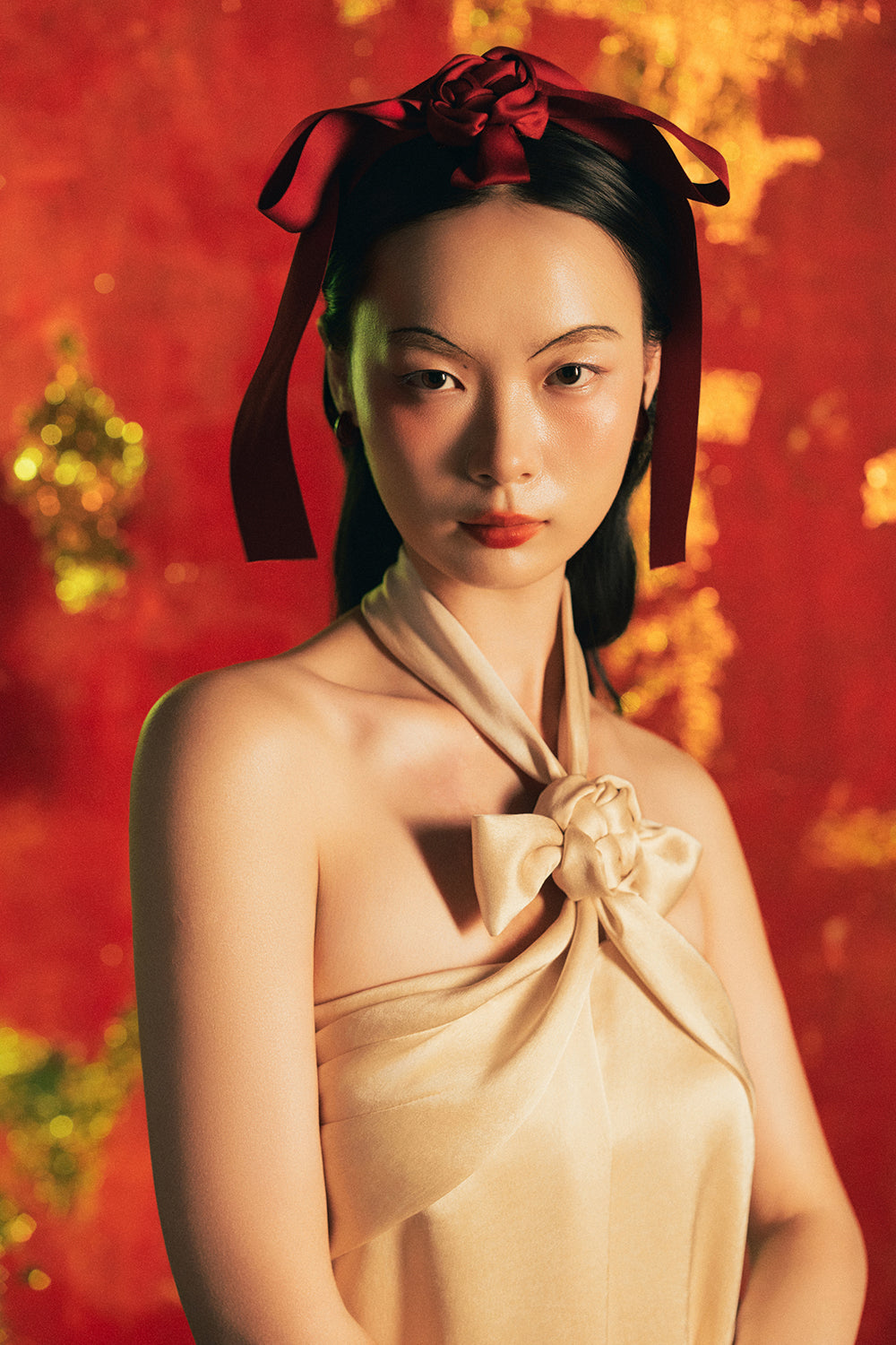 Cat Tuong Halter Neck Synthetic Silk Set