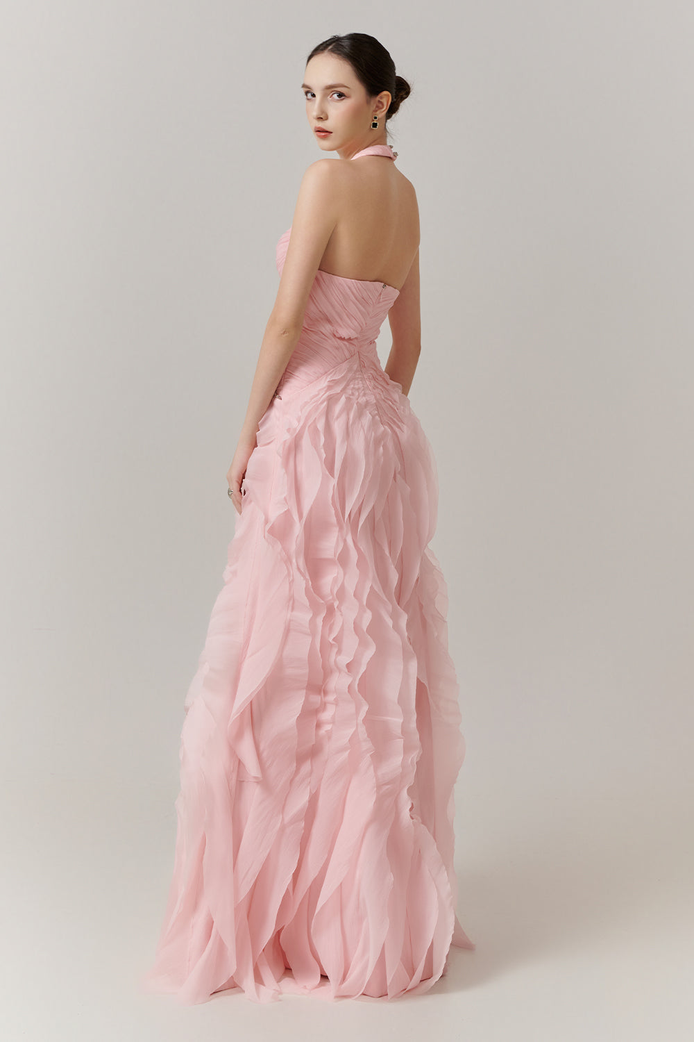 Women's Cascade Halter Ruffle Maxi Dress XXS/XS/S/M/L/XL/XXL/3XL/Customize Almond Blossom MEAN BLVD Almond Blossom / XL