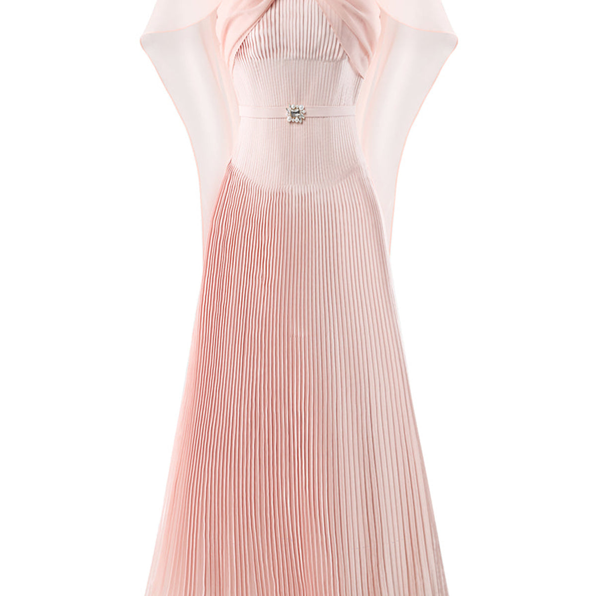 Rosaline Pleated Cape Sleeved Poly Organza Ankle Length Dress