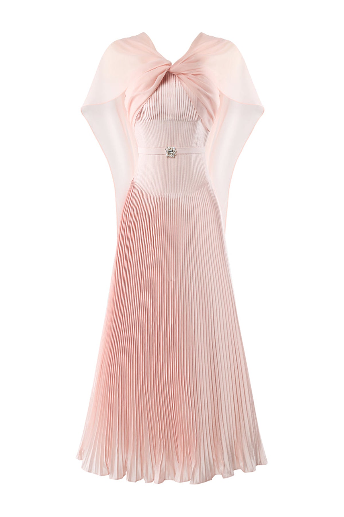 Rosaline Pleated Cape Sleeved Poly Organza Ankle Length Dress