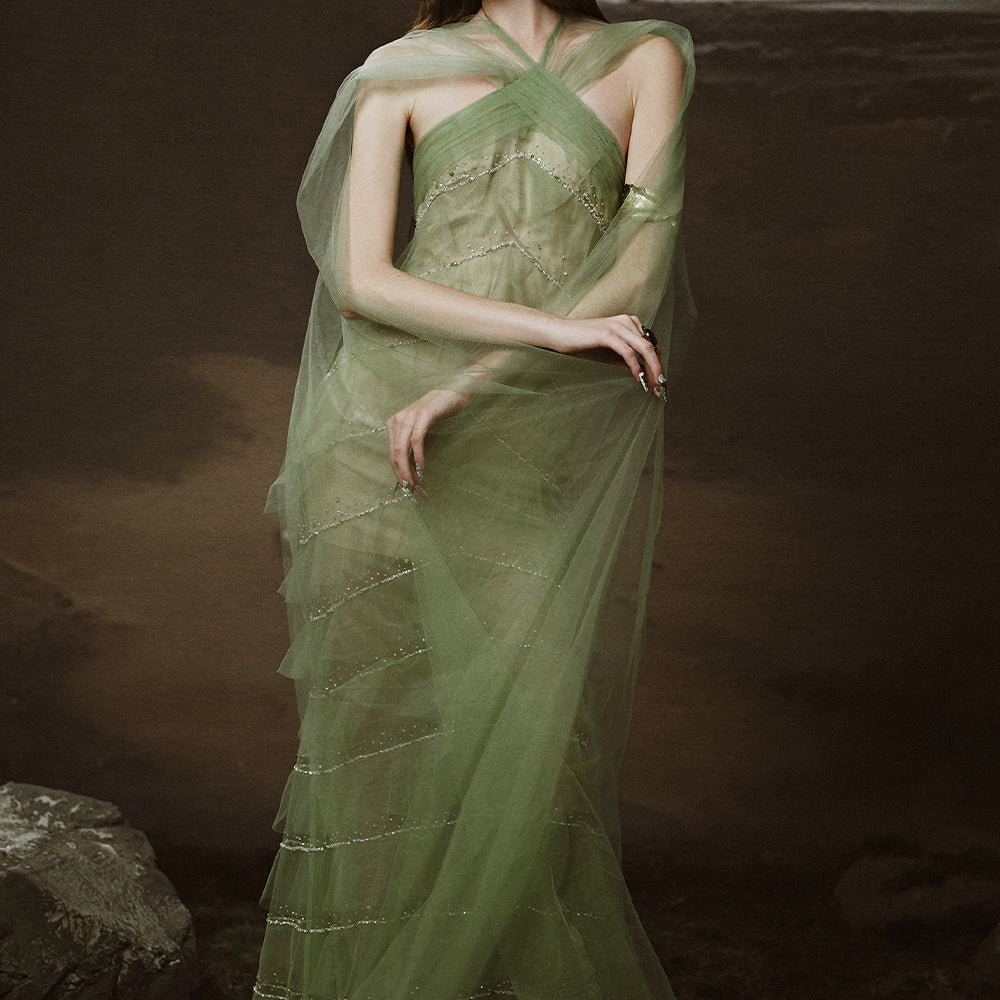 Sabrina Tiered Halter Neck Tulle Floor Length Dress