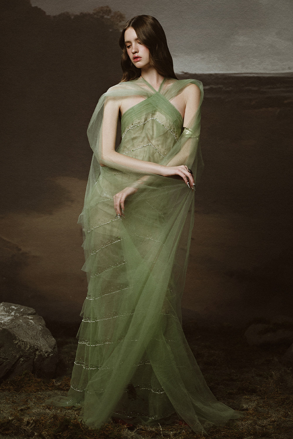 Women's Sabrina Tiered Halter Neck Tulle Floor Length Dress XS/S/M/L/XL/Customize Olive Green MEAN BLVD Olive Green / XL