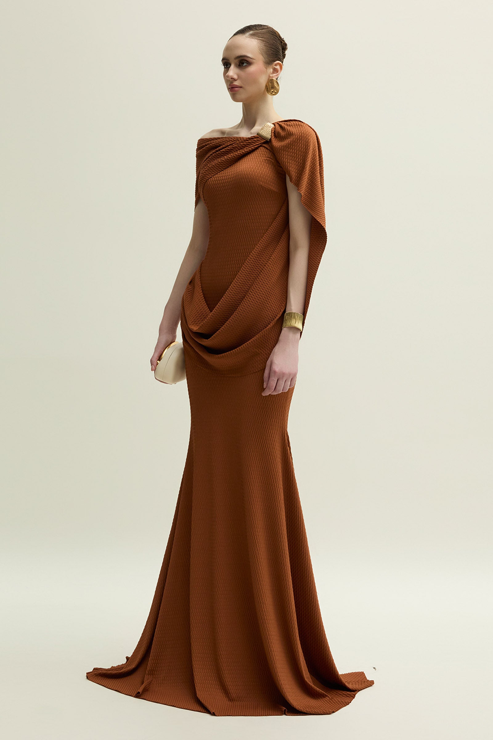 Women's Devon Off-Shoulder Draped Maxi Dress S/M/L/XL/XXL/Customize Burnt Orange MEAN BLVD Women's Devon Off-Shoulder Draped Maxi Dress S/M/L/XL/XXL/Customize Burnt Orange MEAN BLVD