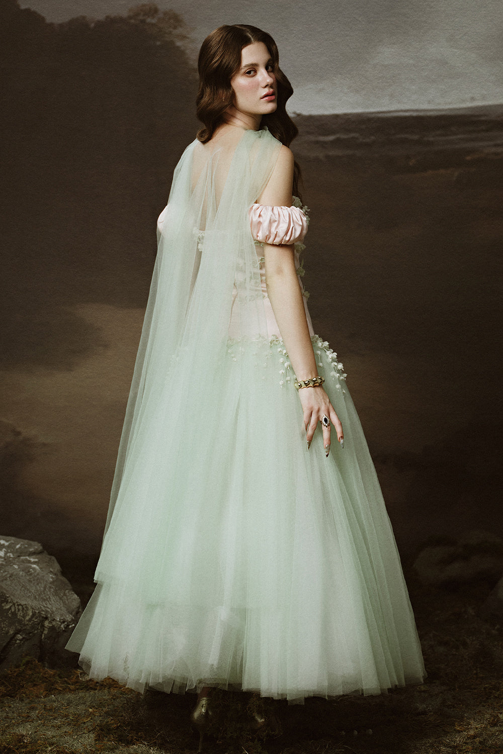 Persephone Drop Waist Puffy Sleeved Tulle Ankle Length Dress