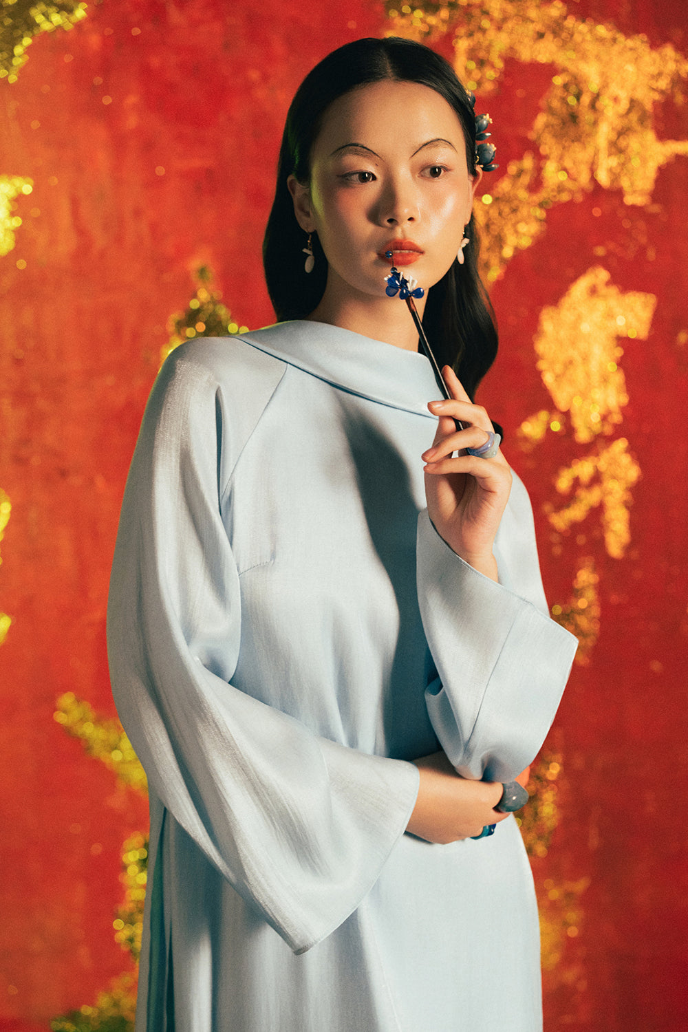 Thuy Vu Mandarin Collar Synthetic Silk Ao Dai