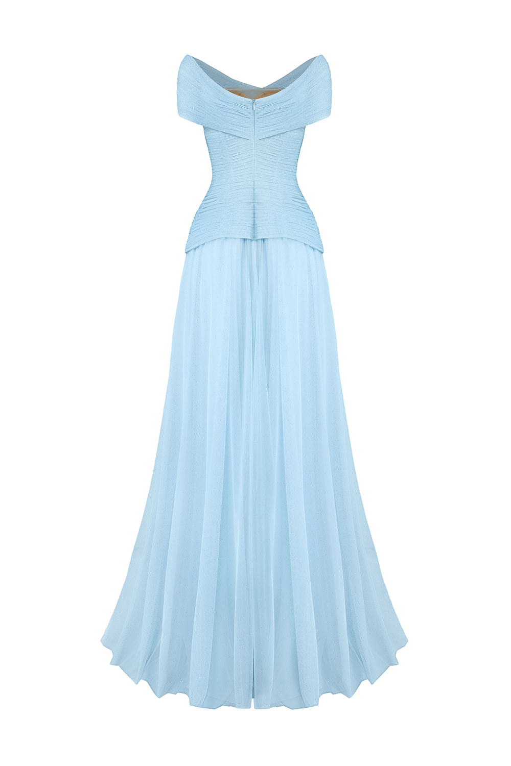 Cometia Fit and Flare Off-Shoulder Mesh Sequin Floor Length Dress