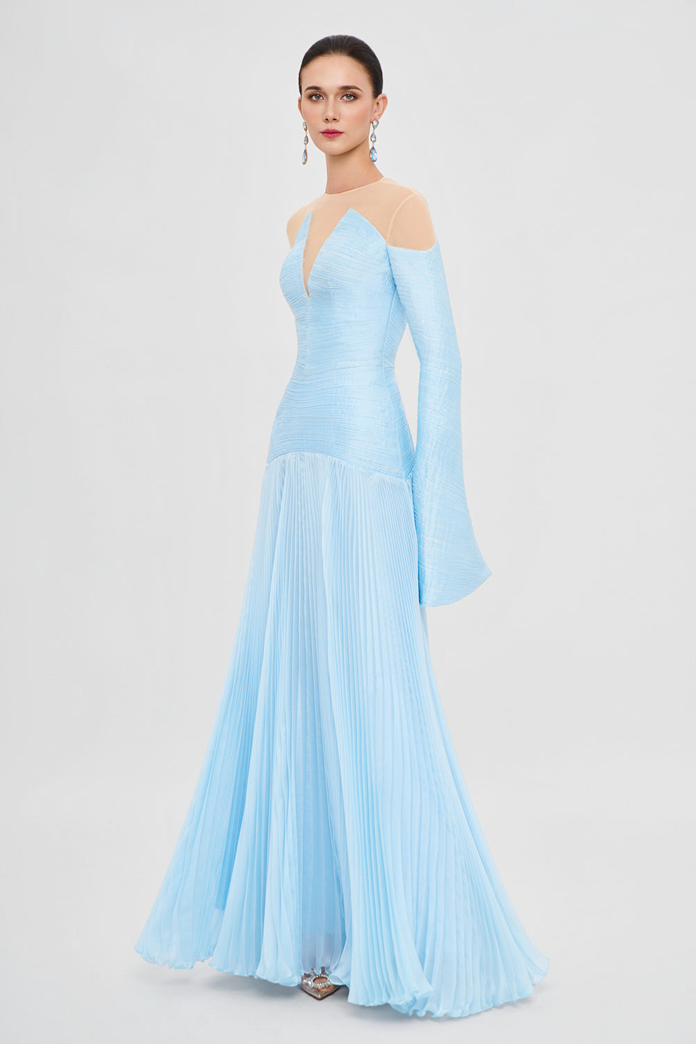 Azure Rhapsody Wide Sleeve Pleated Maxi Dress