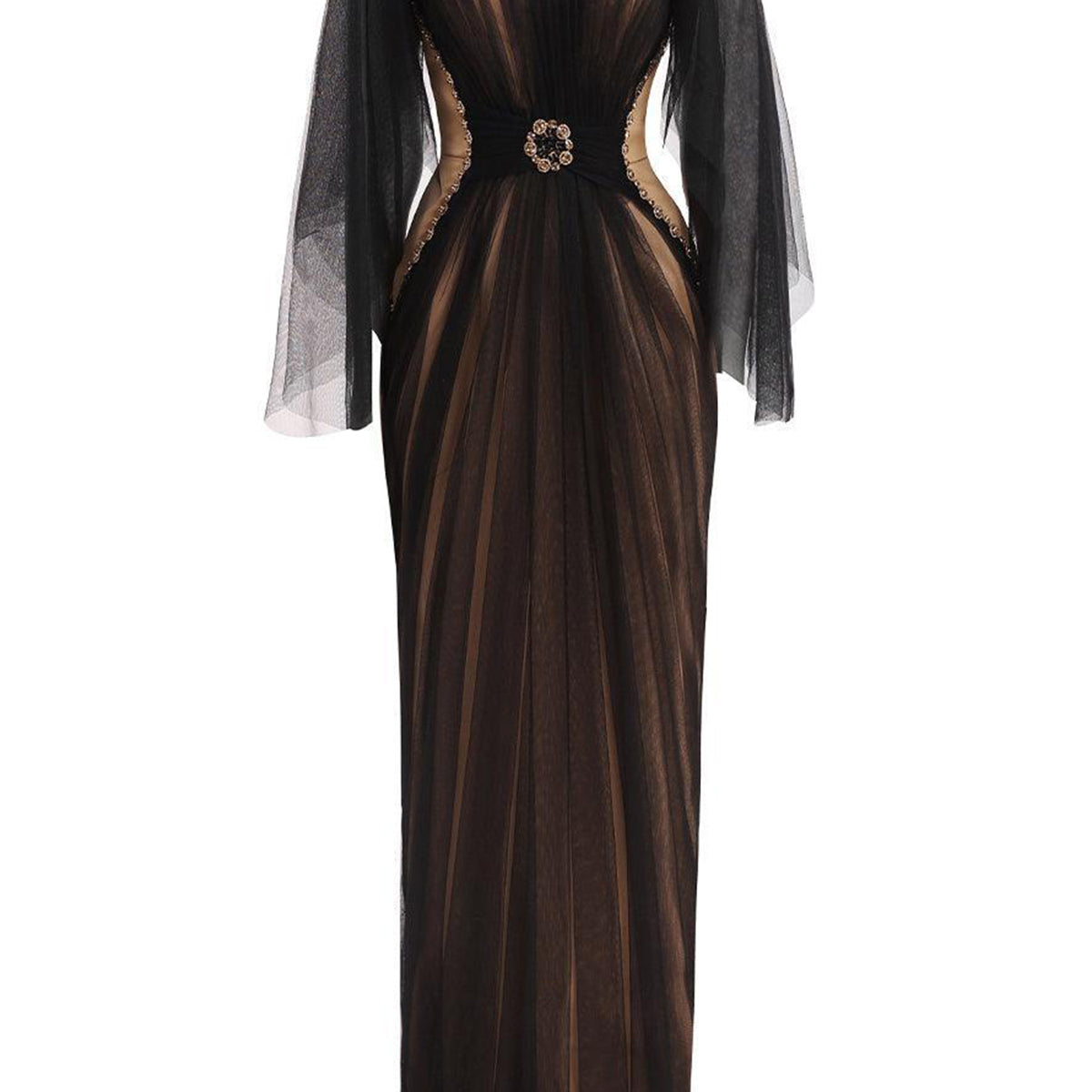 Pierce Pegged Boat Neck Mesh Silk Floor Length Dress