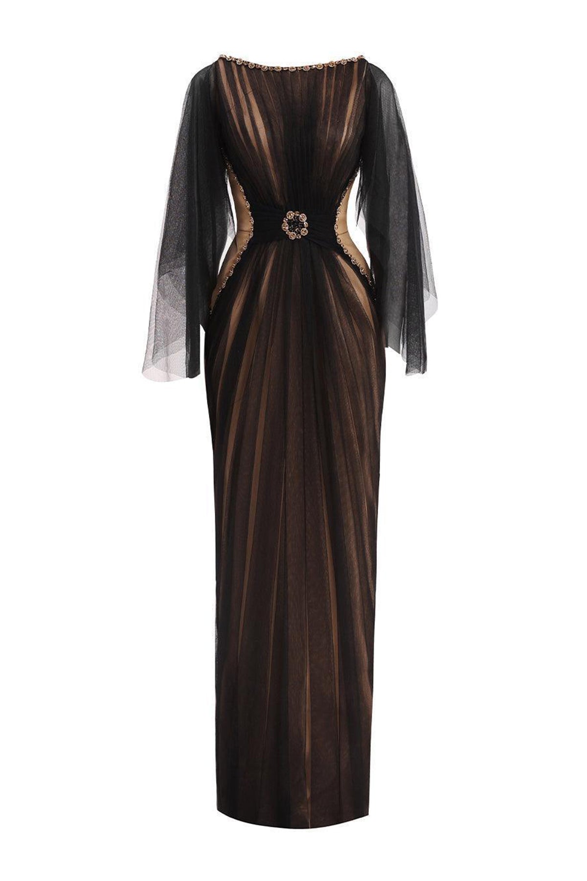 Pierce Pegged Boat Neck Mesh Silk Floor Length Dress