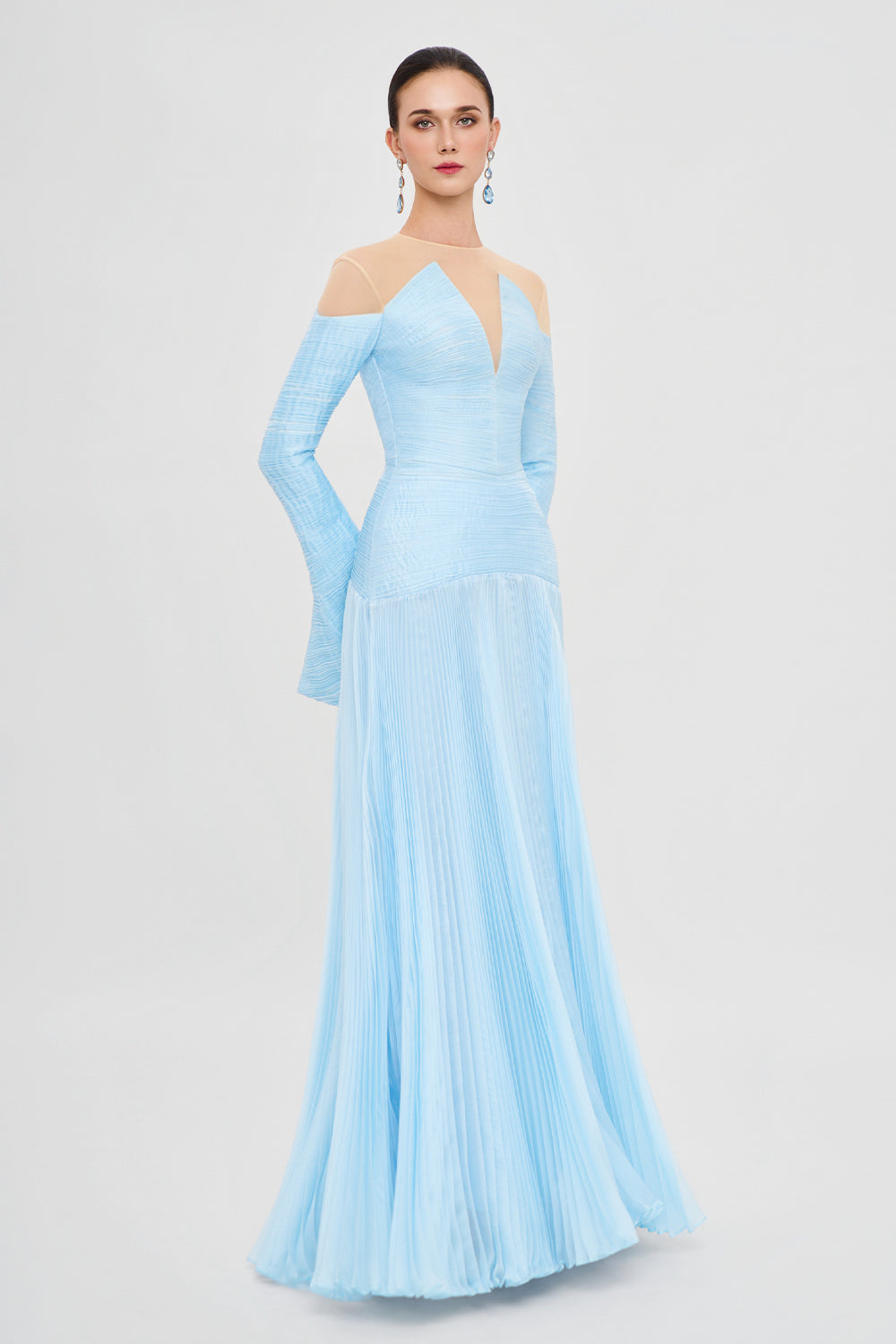 Azure Rhapsody Wide Sleeve Pleated Maxi Dress