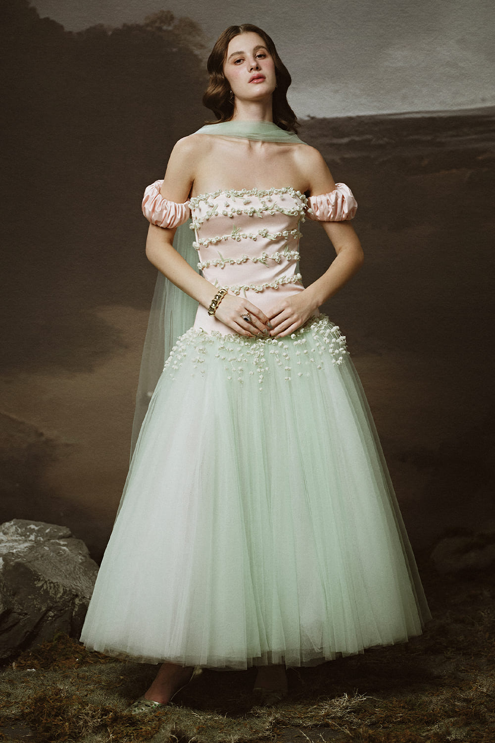 Persephone Drop Waist Puffy Sleeved Tulle Ankle Length Dress