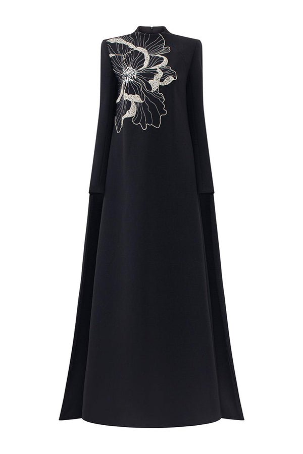 Lucero Trapezoid High Neck Velvet Satin Floor Length Dress