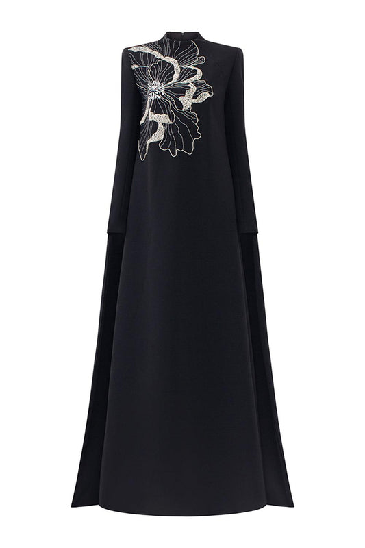 Lucero Trapezoid High Neck Velvet Satin Floor Length Dress