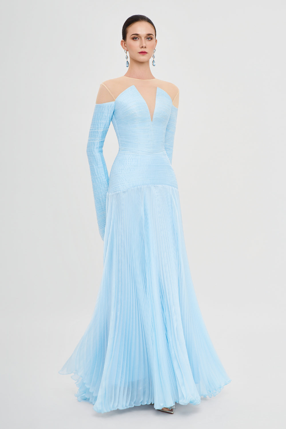 azure blue dress with sleeves Sky-Blue Puff-Sleeve Midi Dress trinarosh