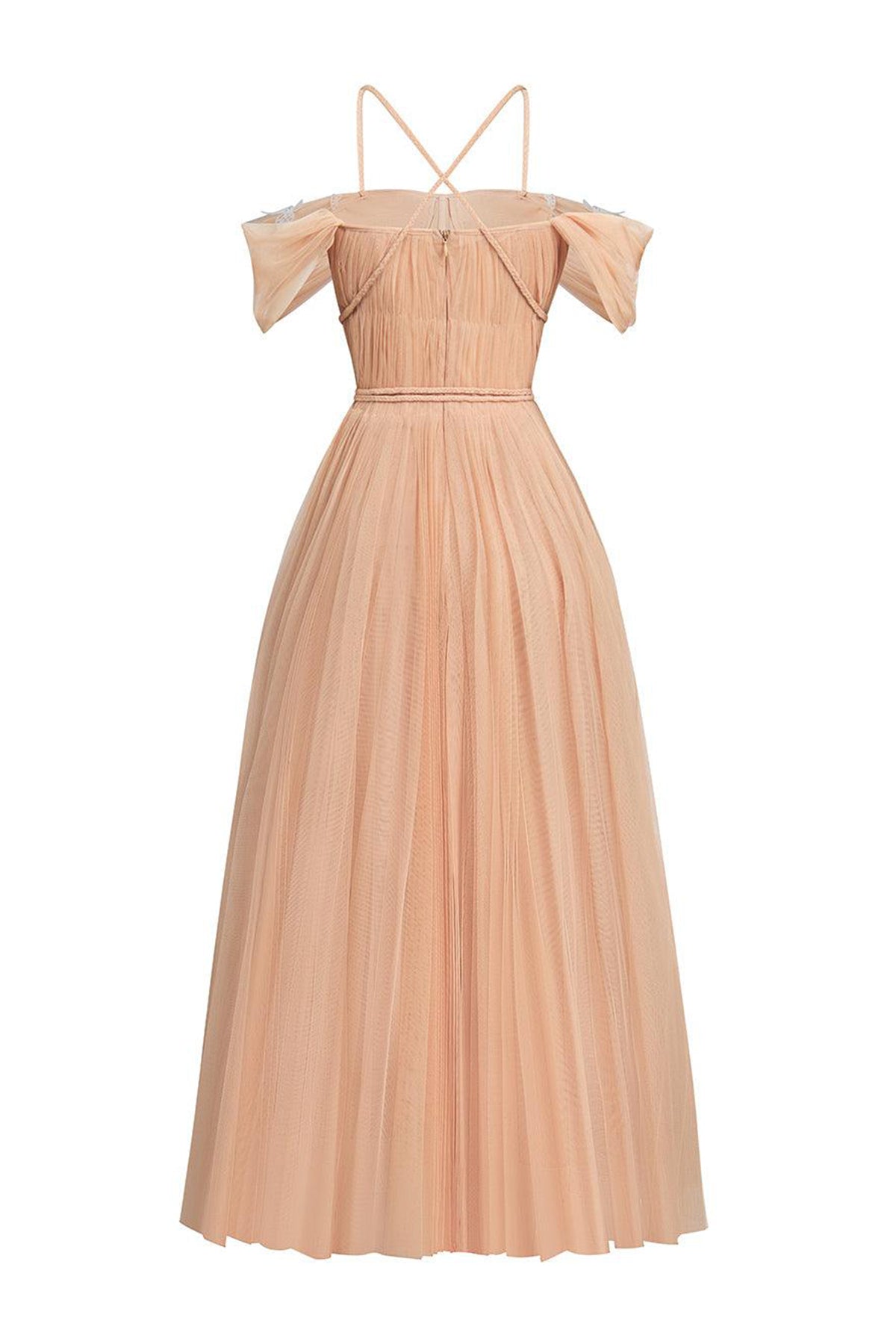 Psychelle Pleated Cold Shoulder Sleeved Mesh Midi Dress