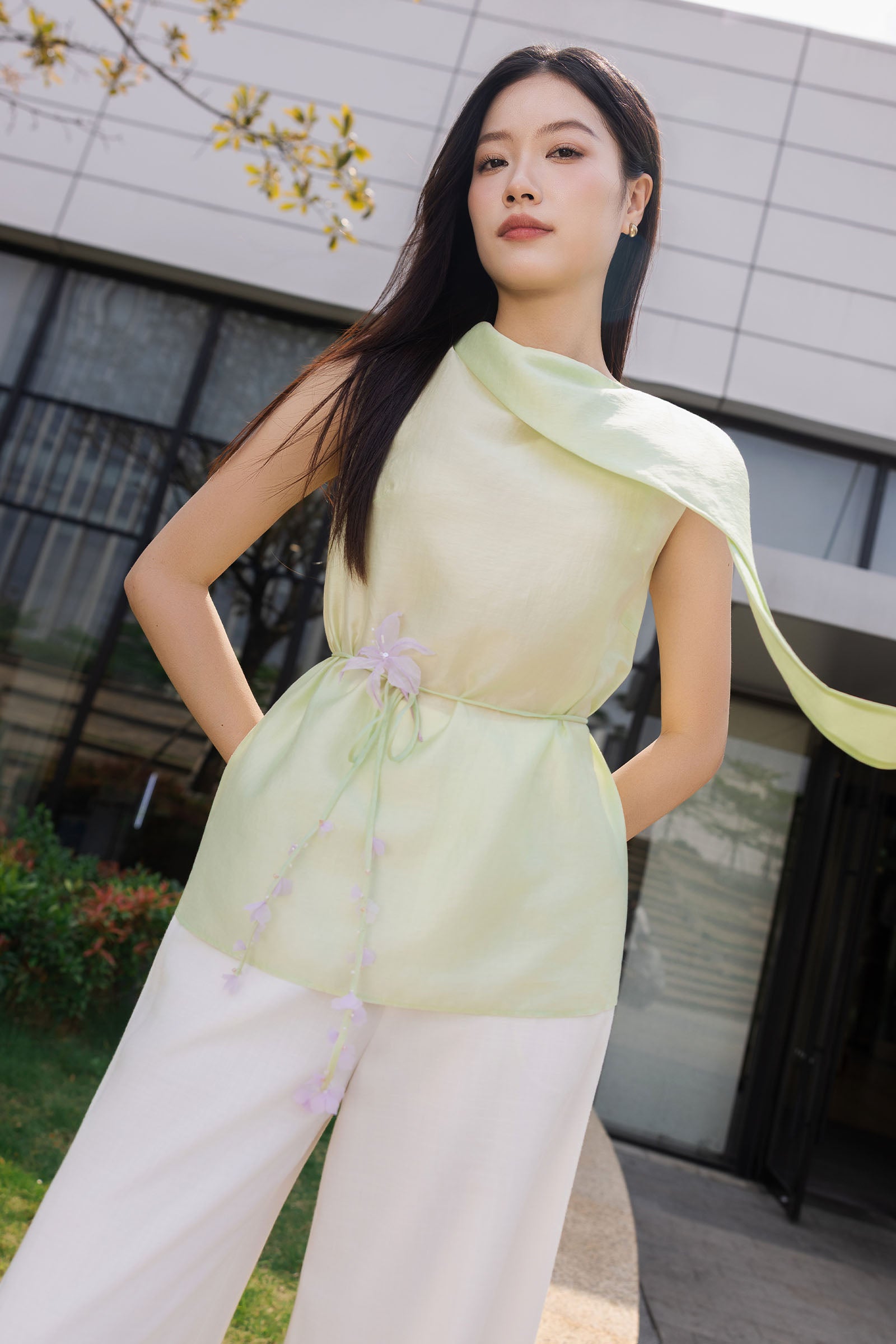 Thanh Bich Asymmetric Neck Top