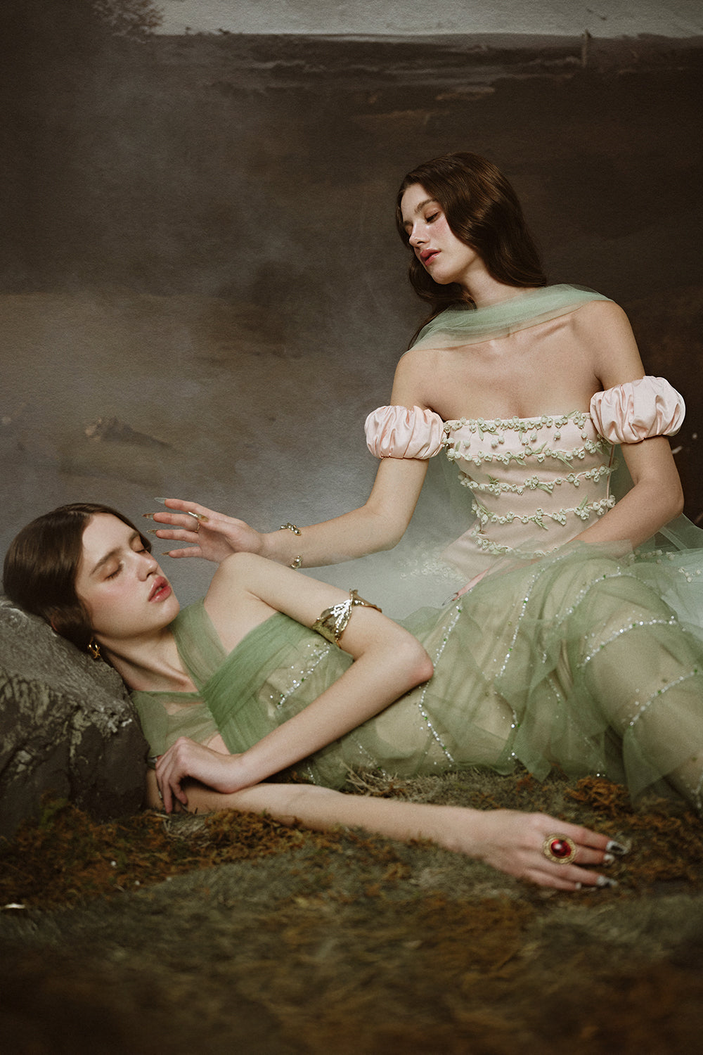 Persephone Drop Waist Puffy Sleeved Tulle Ankle Length Dress