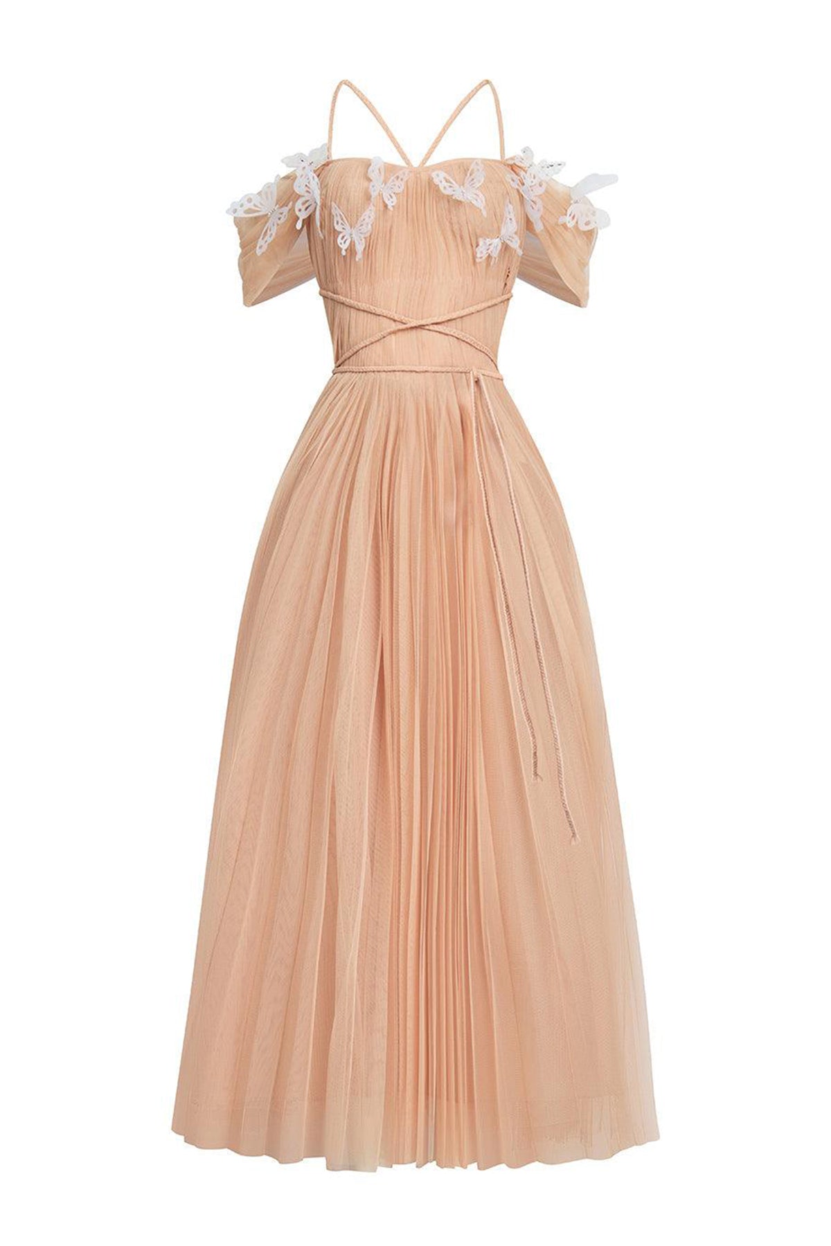 Psychelle Pleated Cold Shoulder Sleeved Mesh Midi Dress