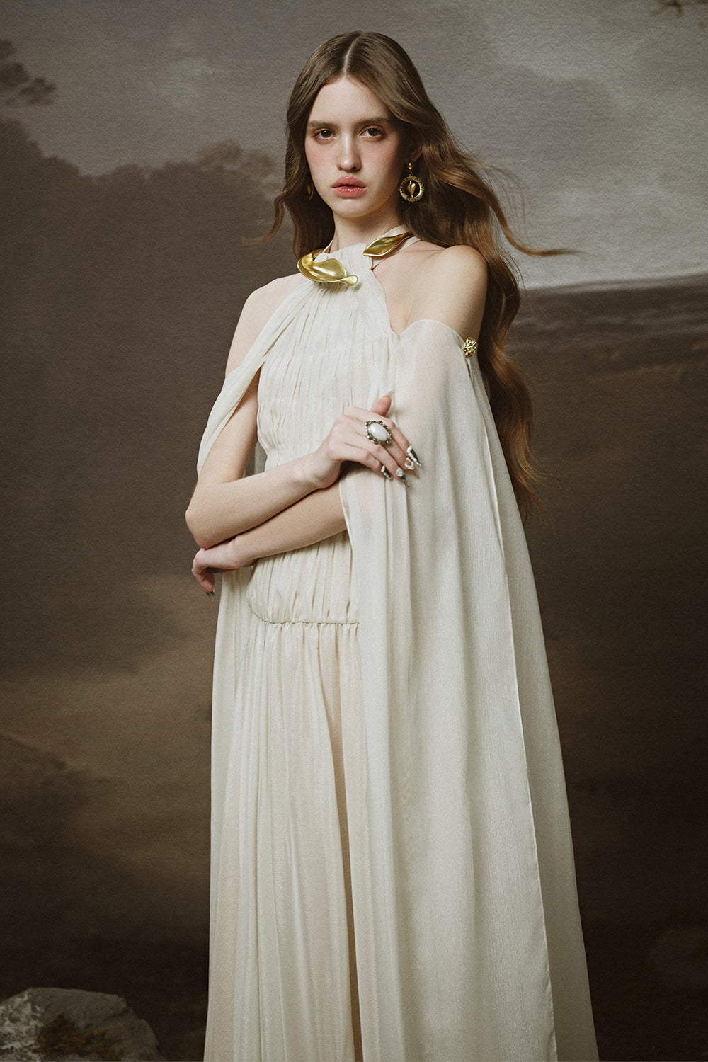 Lunaria A-line Cape Shoulder Chiffon Floor Length Dress