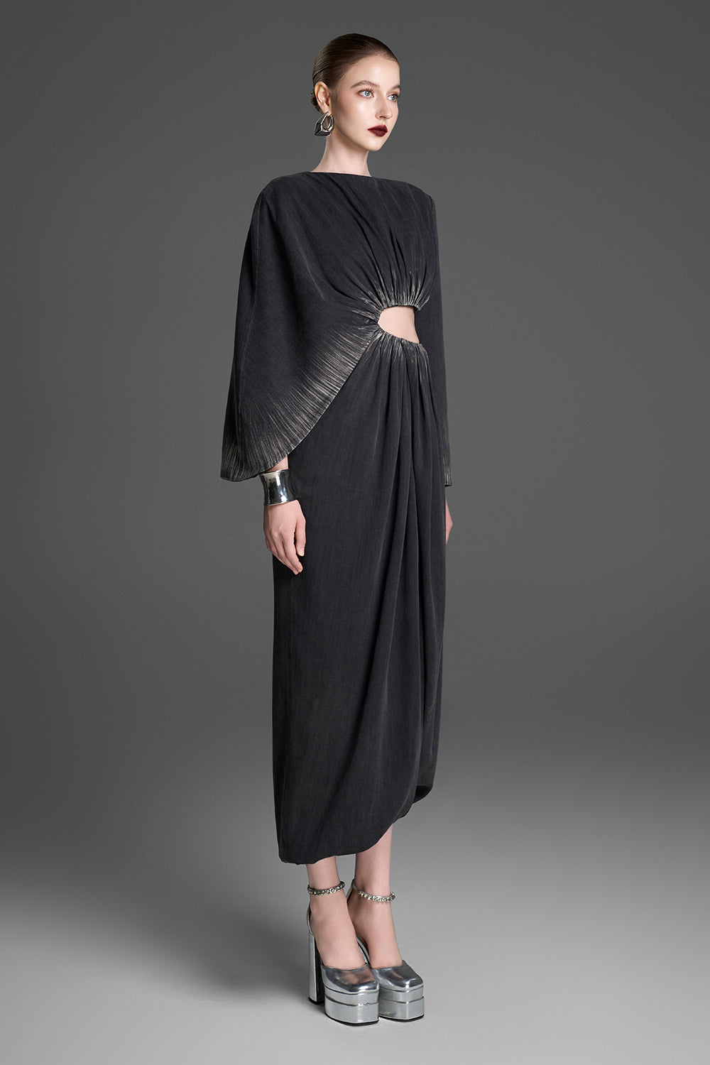 xxs midi dress Women's Ana Asymmetric Gathering Midi Dress XXS/XS/S/M/L/XL/XXL/Customize  Gray Pinstripe MEAN BLVD