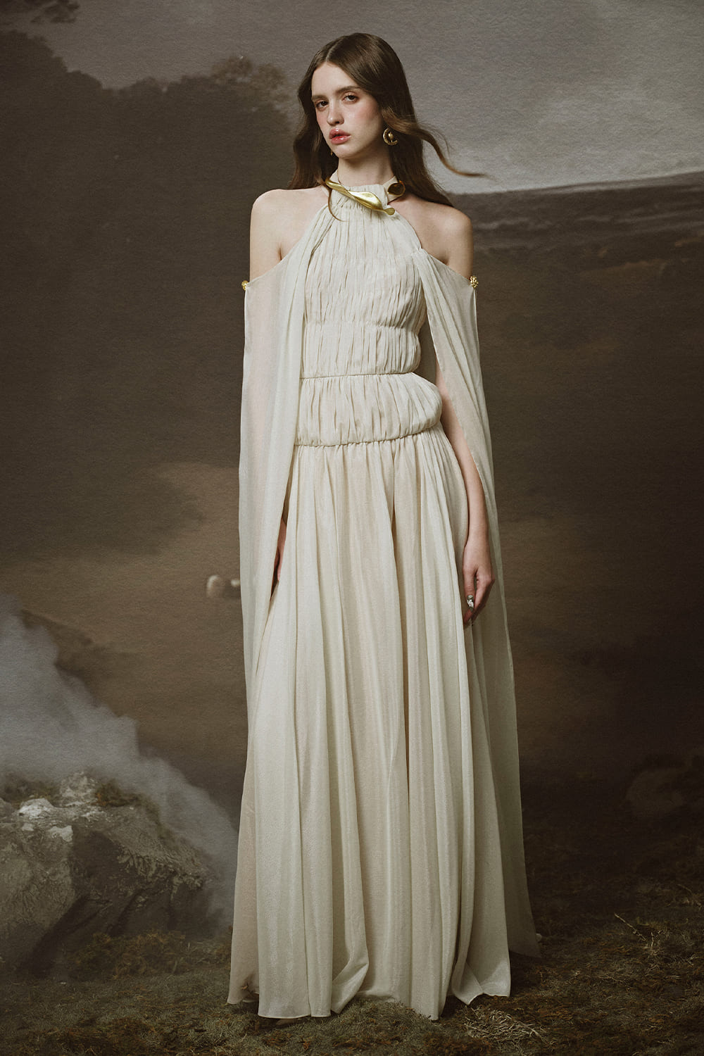 Lunaria A-line Cape Shoulder Chiffon Floor Length Dress