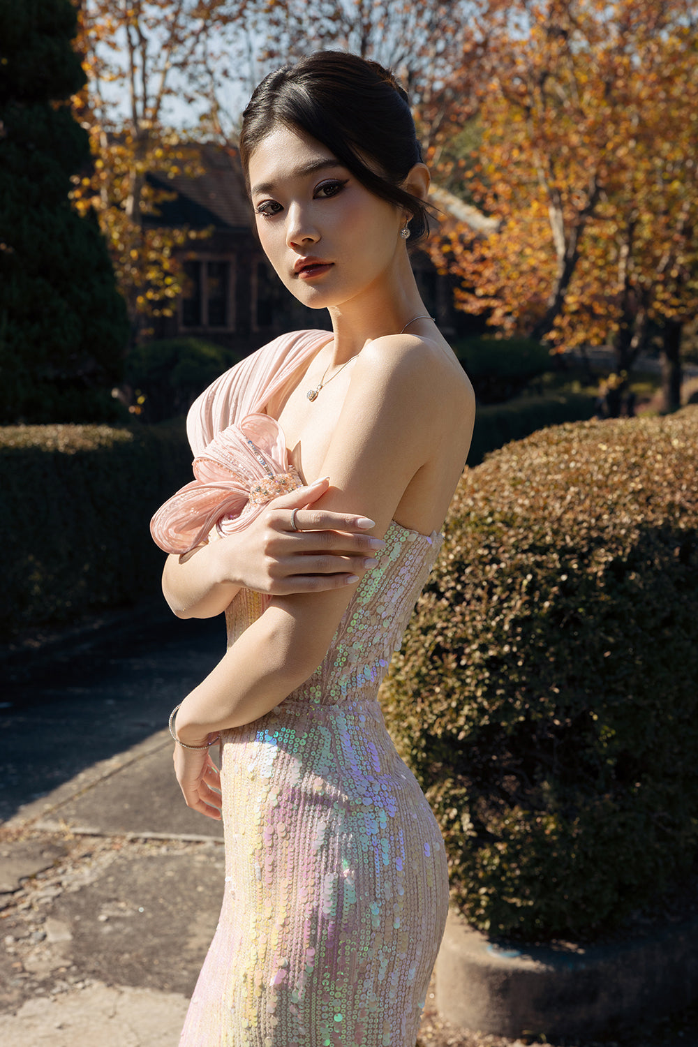 Astrelle Asymmetric Neck Sequin Maxi Dress