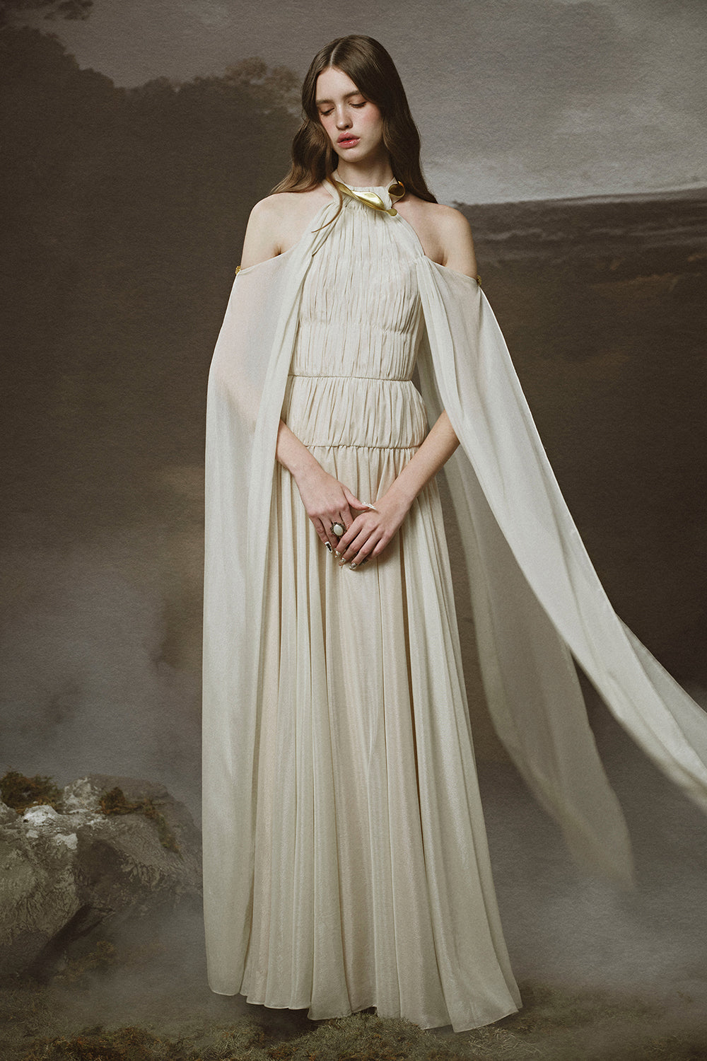 Lunaria A-line Cape Shoulder Chiffon Floor Length Dress