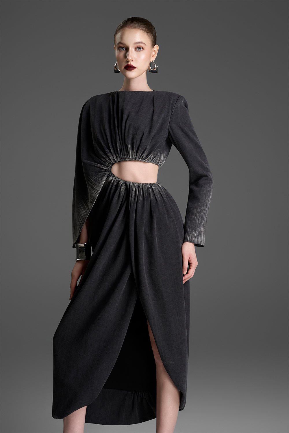 Ana Asymmetric Gathering Midi Dress