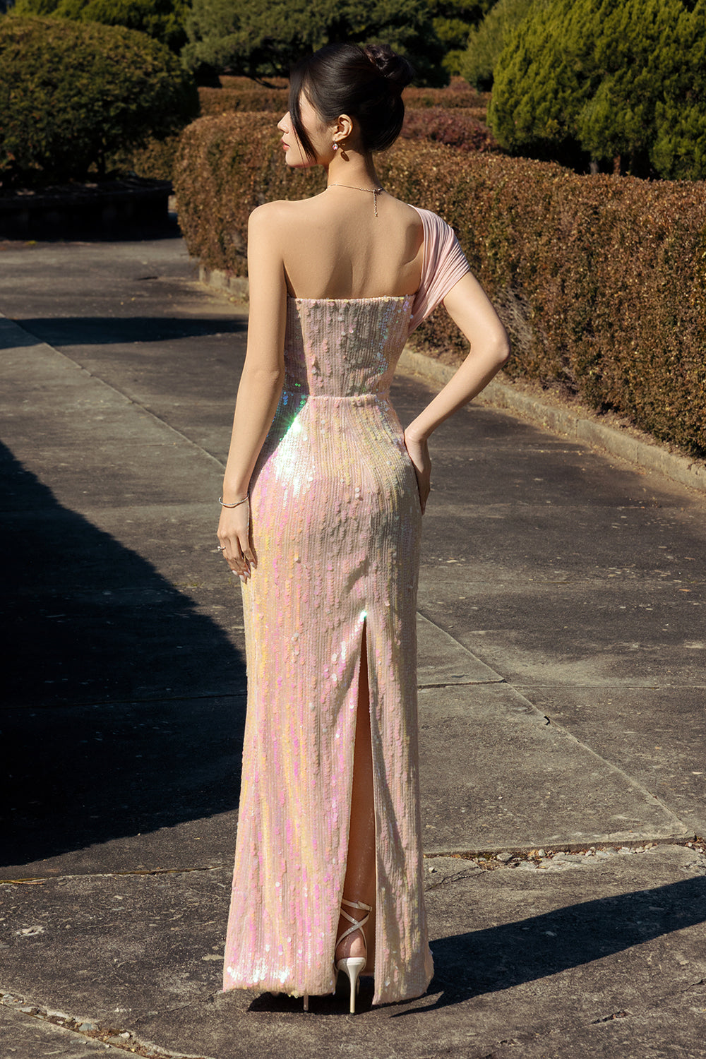 Astrelle Asymmetric Neck Sequin Maxi Dress