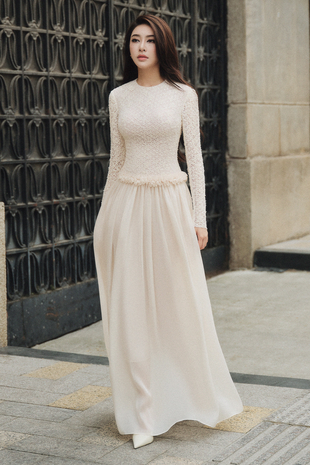 Women's Faye Ruffle Maxi Dress Cream White/Sweet Cream S/M/L MEAN BLVD Women's Faye Ruffle Maxi Dress Cream White/Sweet Cream S/M/L MEAN BLVD