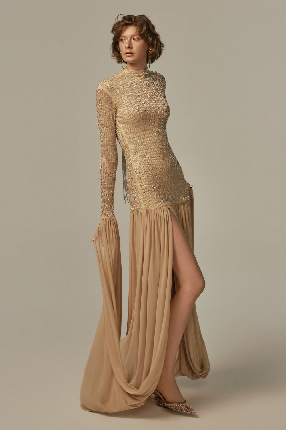 Cascade Mock Neck Maxi Dress