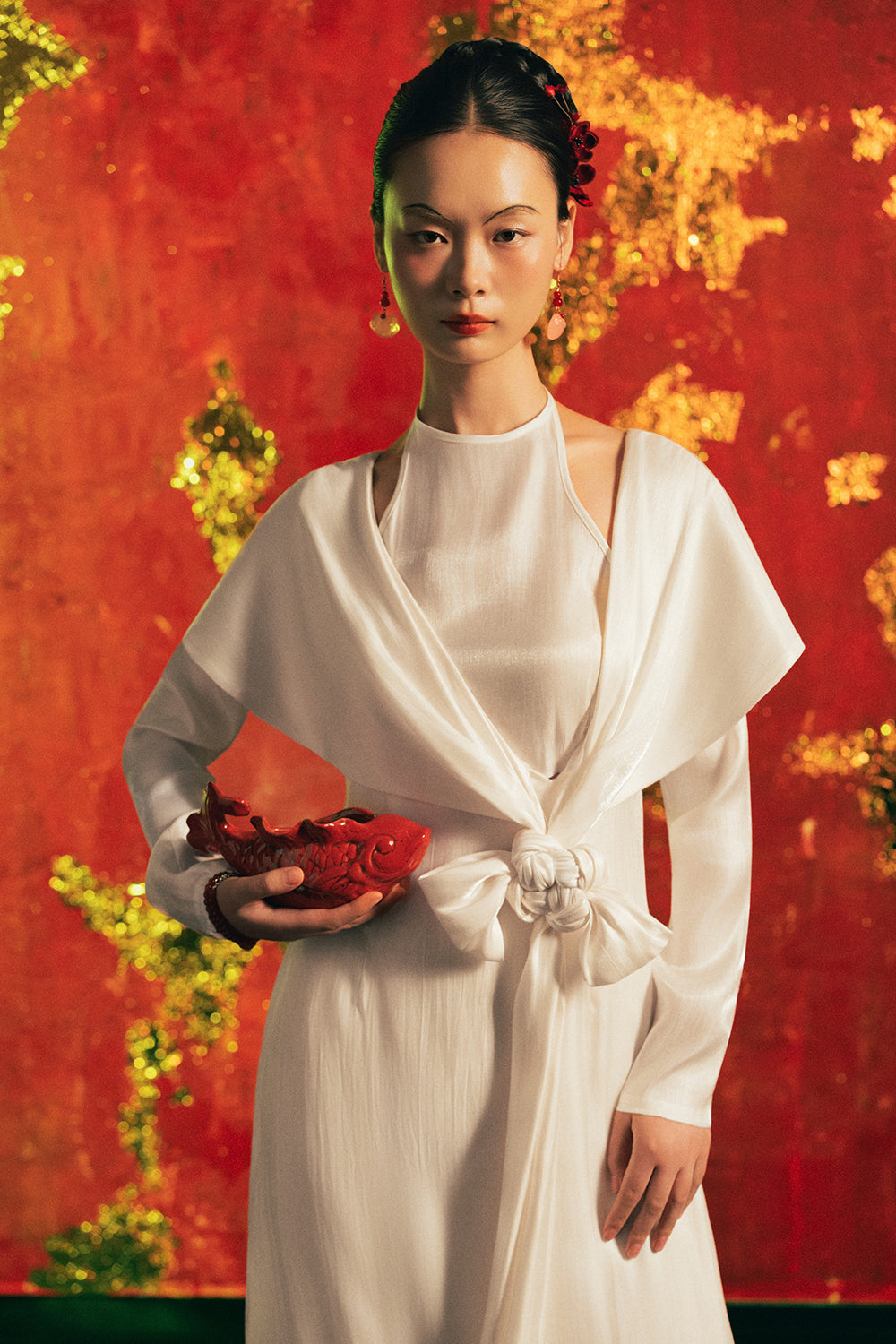 Yen Vu Mock Neck Synthetic Silk Ao Dai